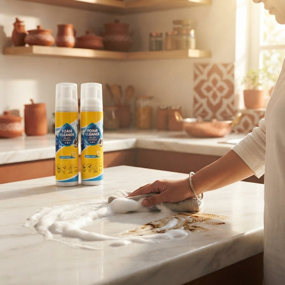 Person cleaning a kitchen countertop with Foam Cleaner spray bottles visible on the side.