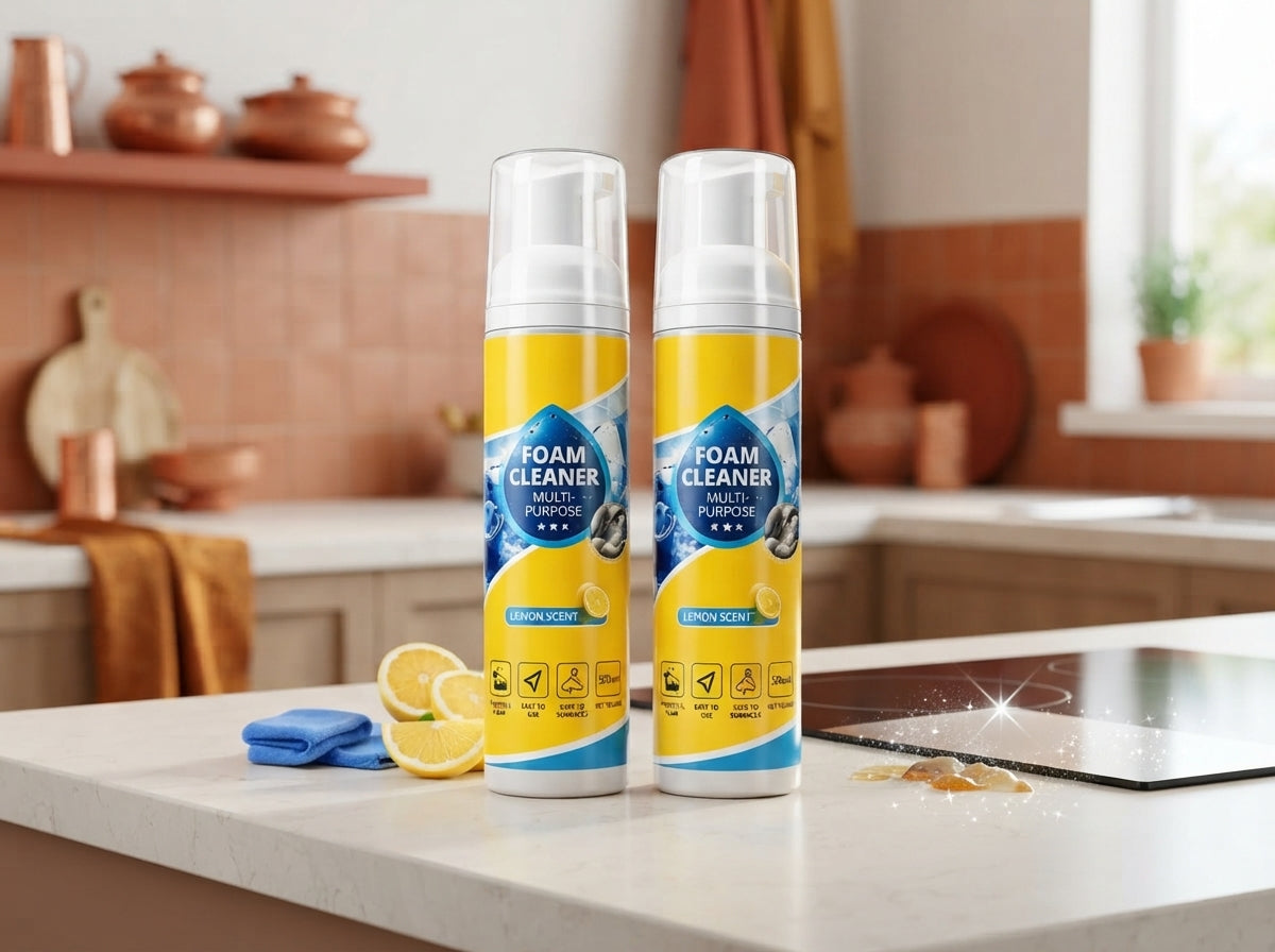 Two bottles of Foam Cleaner Multipurpose Stain Remover on a clean kitchen counter with terracotta accents.